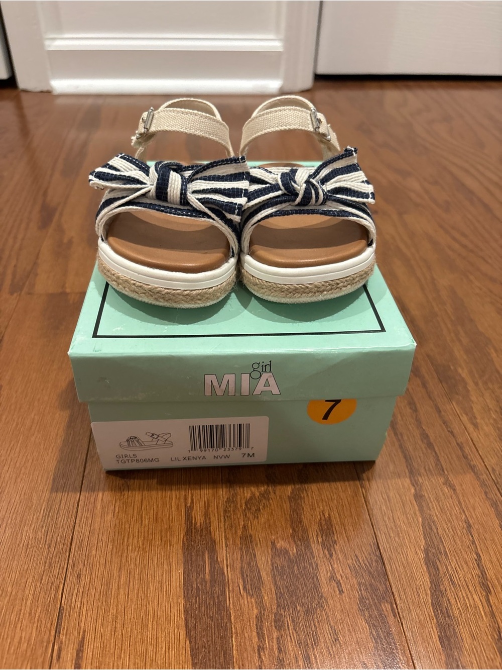 MIA Girls Navy & Cream Striped Bow Espadrille Sandals